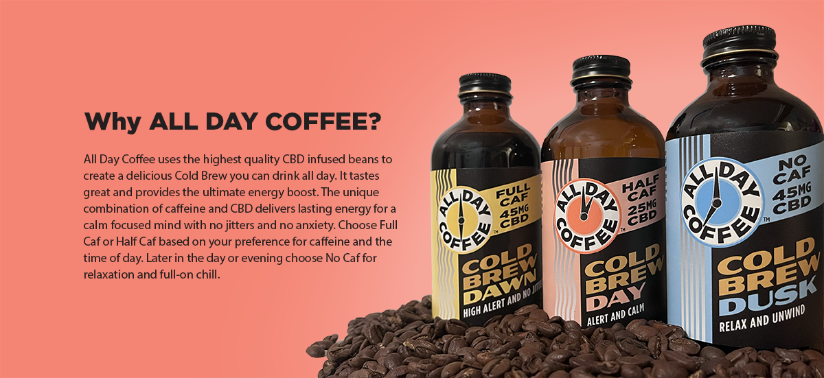 Three bottles of All Day Coffee on a pile of loose coffee beans
